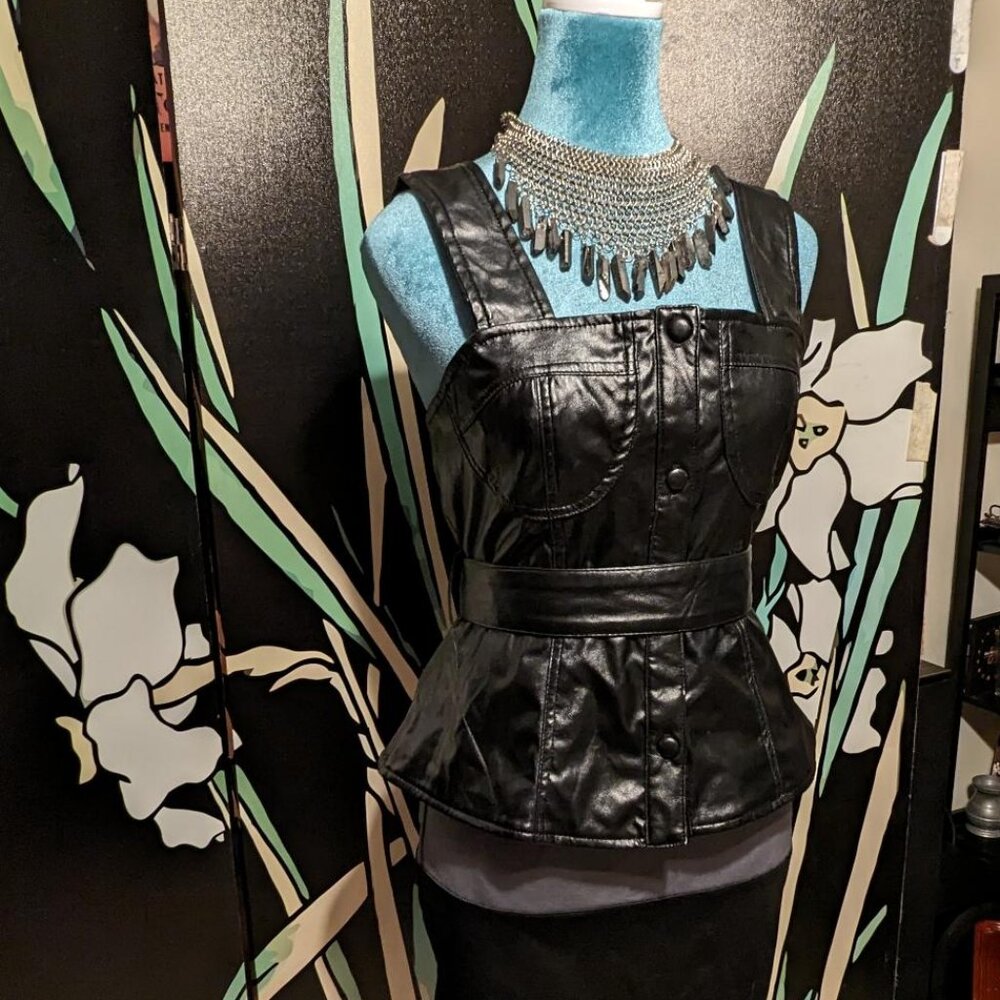 SOLD - Faux leather button-up peplum fetish top with matching belt